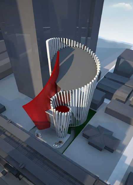 Curvilinear Facade of Red Panels and Textured Cladding in a Cultural Retail Hub  