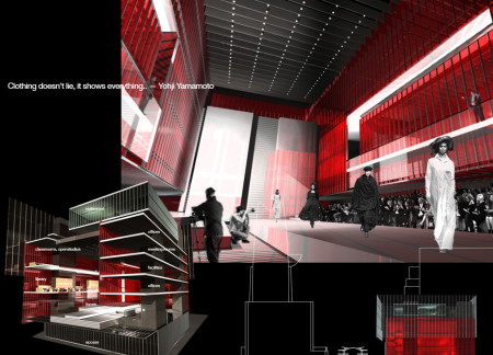 Red-Tinted Glass Façade Integrating Textile Elements in a Multifunctional Educational Hub