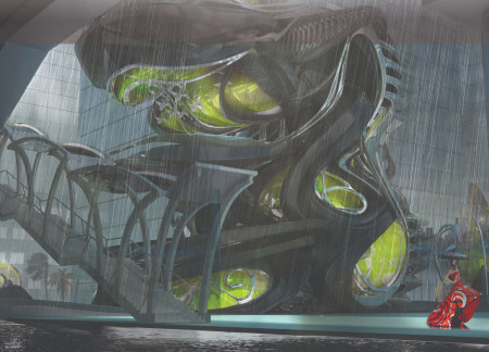 Curvilinear Glass Facade Featuring Composite Materials and Sustainable Design Elements in a Fashion Hub