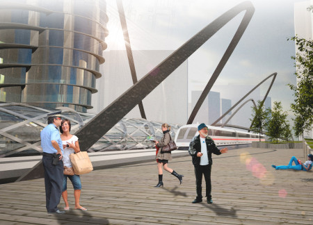 Fashion hub featuring a floating museum with cross-laminated timber panels and charred wooden shingles