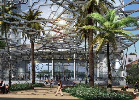 Hexagonal Facade of Glass and Aluminium Enhanced by Native Landscaping for Educational and Community Spaces