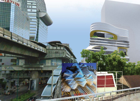 Layered Volumes of Green Roofs and Glass Facades in a Fashion Hub
