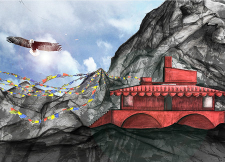 Crimson Accent Walls and Aqua Clay Construction in a Cultural Himalayan Retreat  