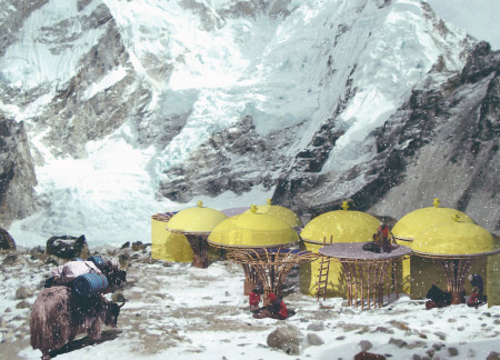 Translucent Fabric Huts Crafted From Bamboo for High-Altitude Community Spaces  