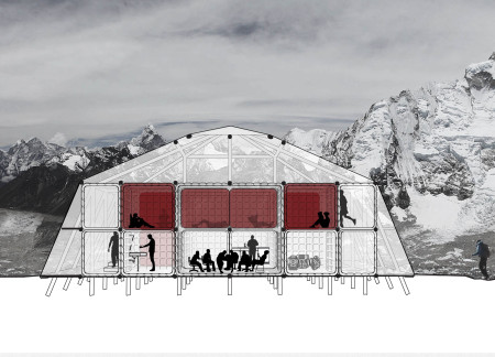 Portable shelter featuring cross-laminated timber and charred wood shingles for high-altitude treks