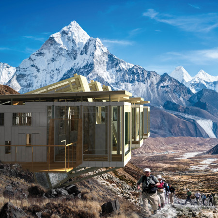 Mountain retreat featuring recycled bamboo and stone gabion construction for sustainable living