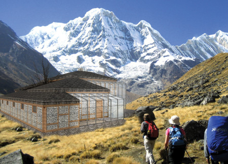 Mountain retreat featuring gabion construction and passive solar design with sustainable materials  