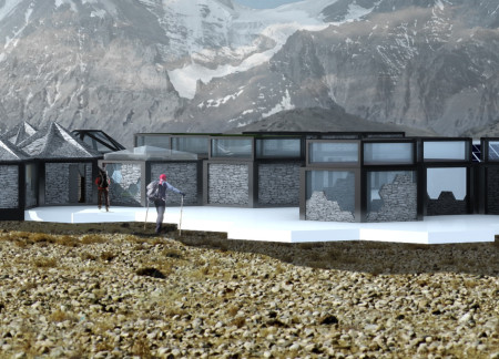 Hexagonal Modular Huts with Local Stone Cladding and Green Roofs in the Himalayas