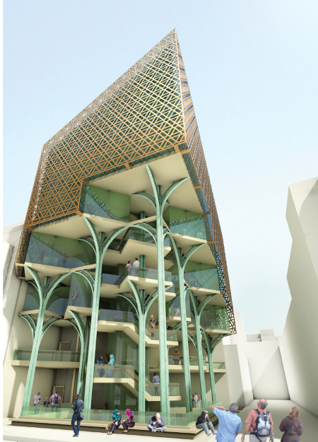 Public library featuring a tessellated roof and a blend of glass and steel elements for community engagement
