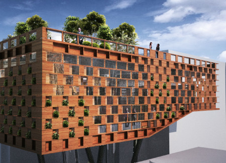 Charred Wooden Shingles and Reflective Pools in a Community-Centric Space