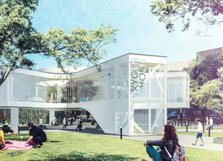Gradient U-Glass Facade Enclosing Community Spaces Enhanced by Natural Wood Elements  