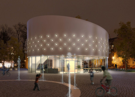 Cylindrical Glass Facade Integrated With Air Filtration Systems And Healing Landscapes