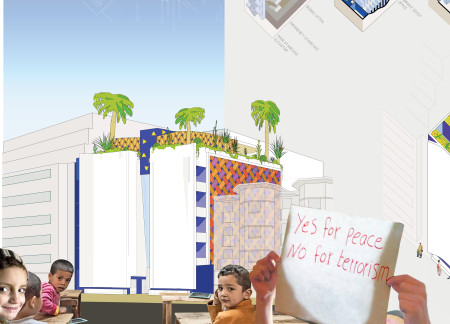 Textile Solar Shading Enhances Community Space in Natural Stone and Concrete Structure