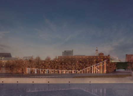 Clasped Hands Design Featuring Concrete Pathways and Reflective Glass Elements in a Cultural Memorial Setting