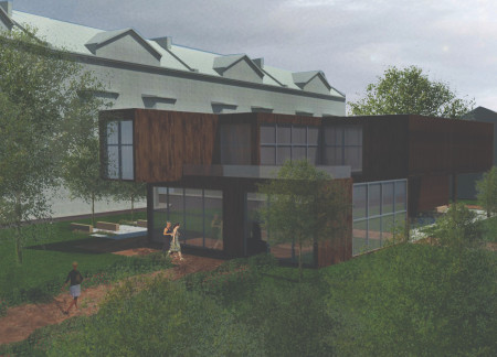 Community Center Emphasizing Charred Wooden Shingles and Cross-Laminated Timber for Enhanced Sustainability