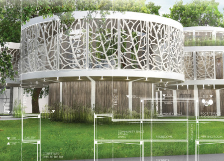 Charred Wooden Shingles and Green Roofing Blend Seamlessly in an Urban Community Hub  
