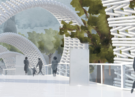 Plaited Metal Ribbons Integrating Concrete and Glass in a Commemorative Public Space  