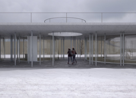 Community center featuring curved forms and sustainable materials with a focus on transparent facades and green roofing systems