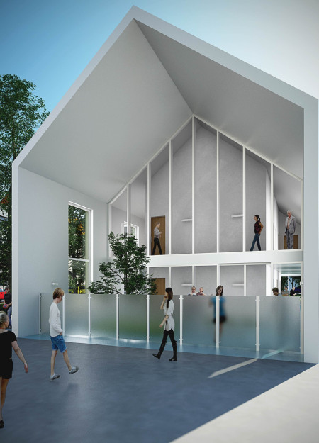 Health facility featuring prefabricated concrete structure with origami-inspired elements and sustainable materials