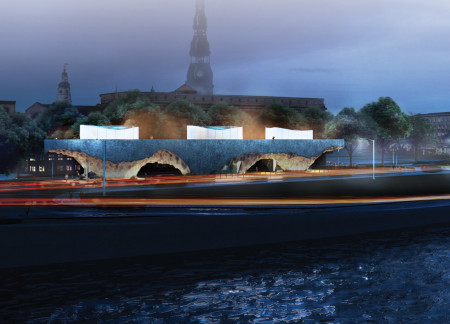 Rooftop Garden Overlooking Daugava River with Reinforced Concrete and Glass Facades for Community Reflection  