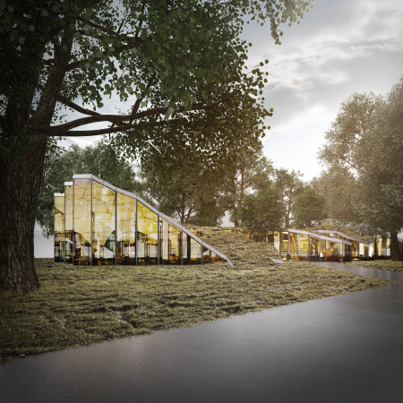 Bio-Inspired Structure Featuring Hexagonal Glass Panels and Rooftop Gardens for Enhanced Air Quality