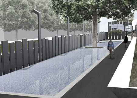 Charred Wooden Shingles Complementing Solid Concrete Forms in a Public Memorial Space  