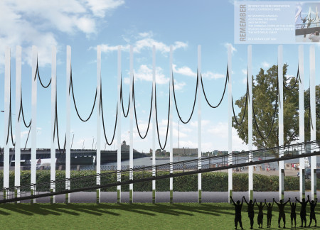 Floating Volume Supported by Slender Columns Creating a Community Memorial in Concrete and Steel