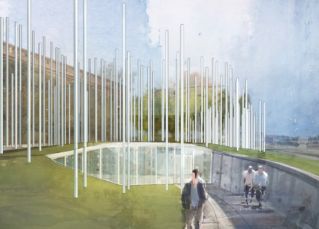 Transparent Glass Columns Reflecting Community Narratives in a Concrete Memorial  