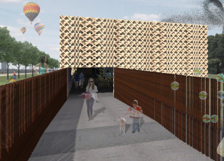 Rusted Metal Facade Crafted With Latticework Highlights Community Integration Through Natural Wood Elements  