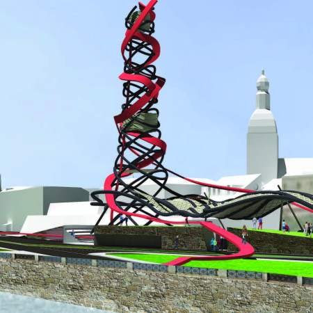 Spiral Tower of Metal and Rock Slate Featuring Interactive Sound Pathways for Community Engagement  