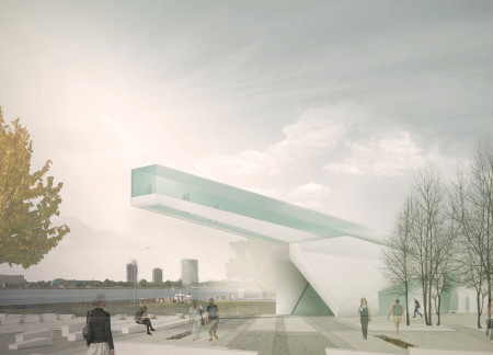 Elevated Concrete Form With Transparent Glass and Natural Stone Features for Reflective Community Remembrance  