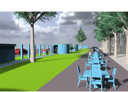 Memorial space featuring brushed aluminum columns and sustainable design elements in a historical context