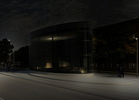 Illuminated Handprints Within A Curved Glazing Facade And Concrete Memorial Space  