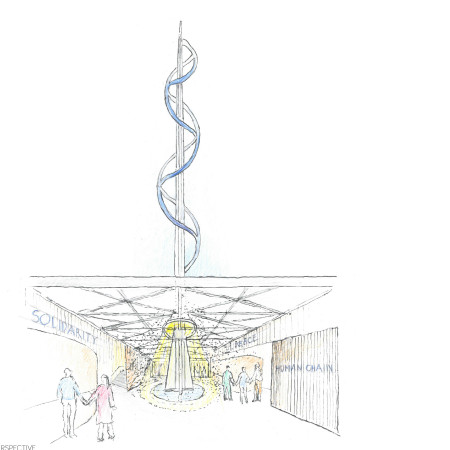 Memorial Featuring Steel and Natural Stone Integration with a Spiral Structure in a Historical Urban Context