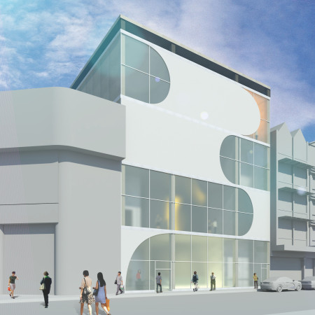 Curvilinear Glass Facade With Sustainable Concrete And Wood Spaces Creating A Dynamic Artistic Oasis