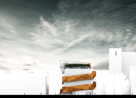 Terraced Green Spaces with Charred Wood Shingles in an Urban Cultural Hub  