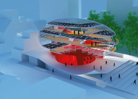Spherical Community Hub Constructed With Glass Façade and Steel Framework  