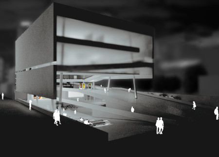 Elevated Concrete Structure with Transparent Facades and Community-Centric Learning Spaces