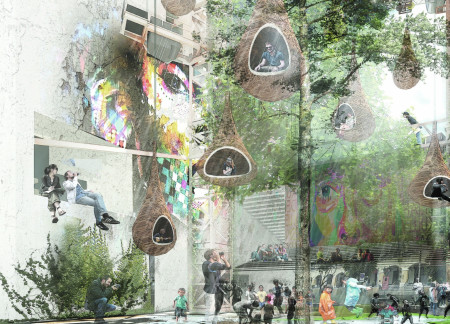 Suspended Artistic Pods with Vertical Gardens in a Steel Framework