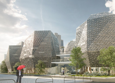 Hexagonal Structures With Aluminium Mesh Facades and Green Roofs Reimagining Community Interaction