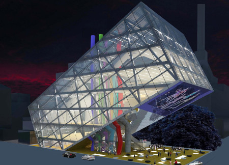 Cultural Center Emphasizing Glass and Steel with Vibrant Textile Installations in an Urban Environment  