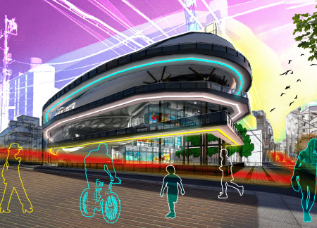 Curvilinear Glass Facade Integrating Locally Sourced Wood and Steel Frames for Community Engagement