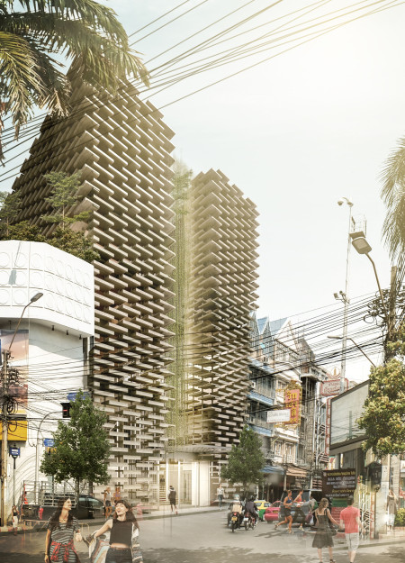Elevated Garden and Geometric Facade Crafted from Reinforced Concrete and Timber Panels in a Bangkok Artist Retreat