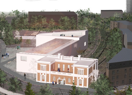 Community hub featuring cross-laminated timber panels and charred wooden shingles in a sustainable urban setting  
