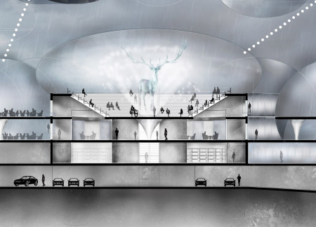 Cultural hub featuring transparent envelopes and fiber optic integration in a dynamic urban setting  