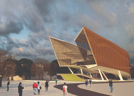 Charred Wooden Shingles and Elevated Structure Create a Modern Learning Hub by the Thames