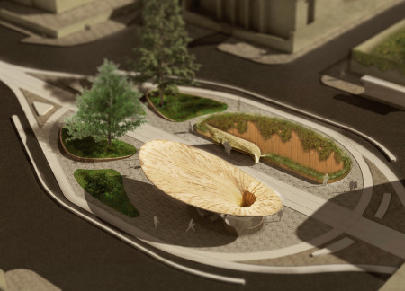 Floating Roof with Translucent Glass and Natural Stone Enhances Community Interaction  