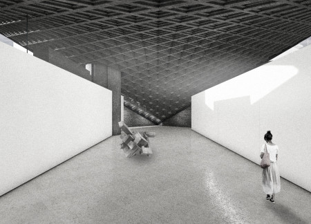 Community plaza featuring a hyperbolic paraboloid roof and sustainable concrete materials  
