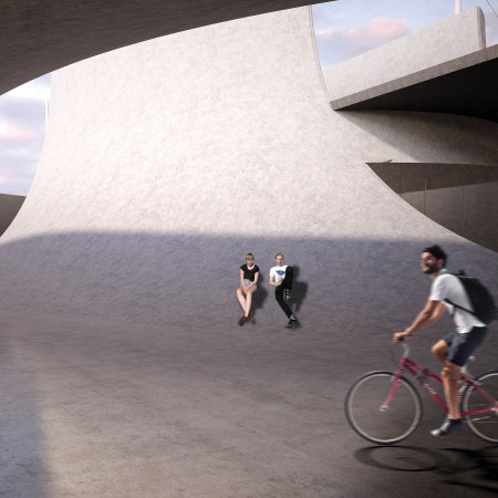 Submerged Public Square Embracing Smooth Concrete and Natural Light for Enhanced Social Interaction  
