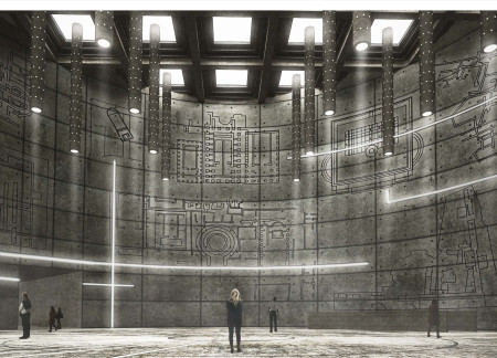 Transparent Glass Facade With Reinforced Concrete Volume and Engraved Historical Elements